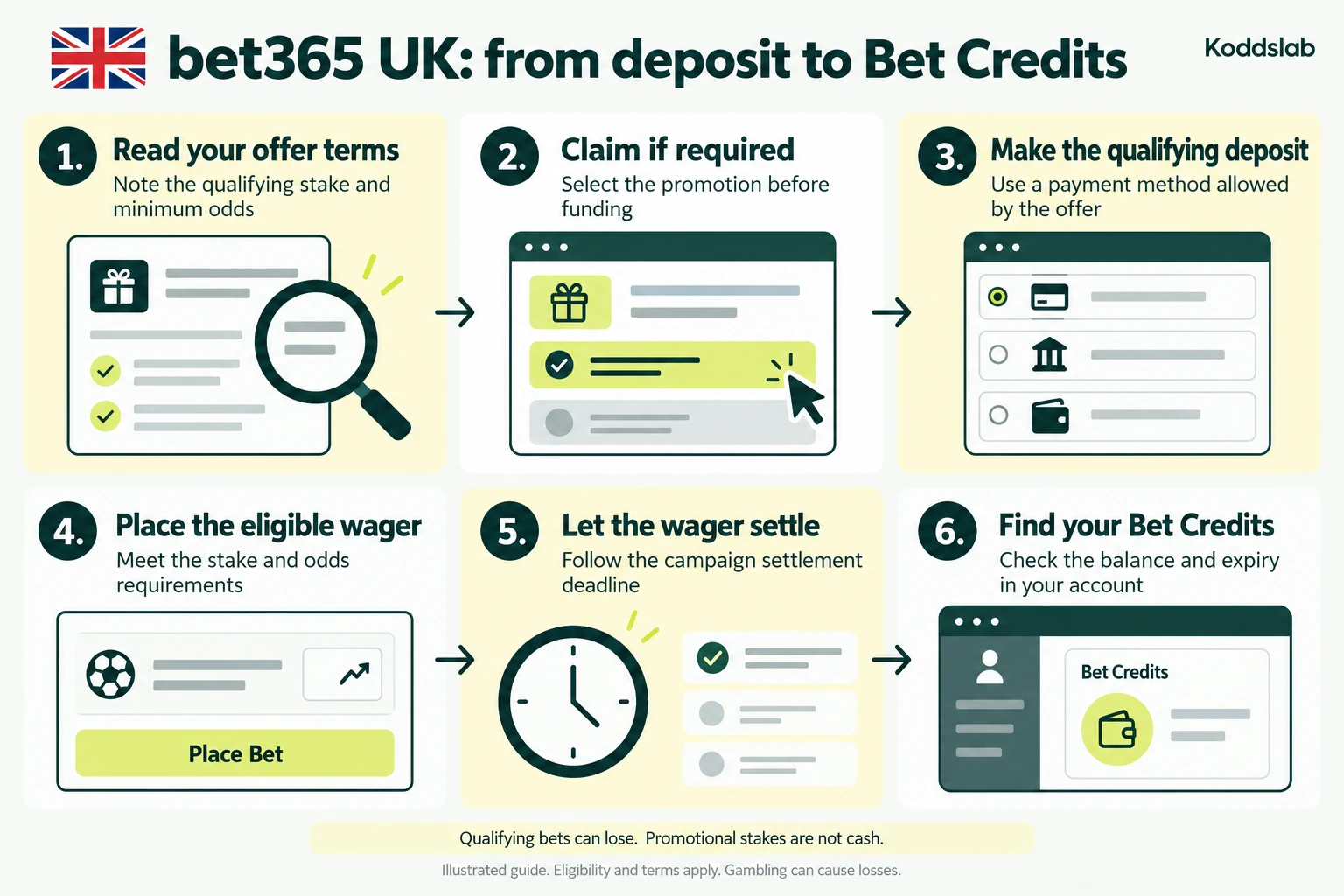 bet365 UK: from deposit to Bet Credits: 1. Read your offer terms: Note the qualifying stake and minimum odds; 2. Claim if required: Select the promotion before funding; 3. Make the qualifying deposit: Use a payment method allowed by the offer; 4. Place the eligible wager: Meet the stake and odds requirements; 5. Let the wager settle: Follow the campaign settlement deadline; 6. Find your Bet Credits: Check the balance and expiry in your account